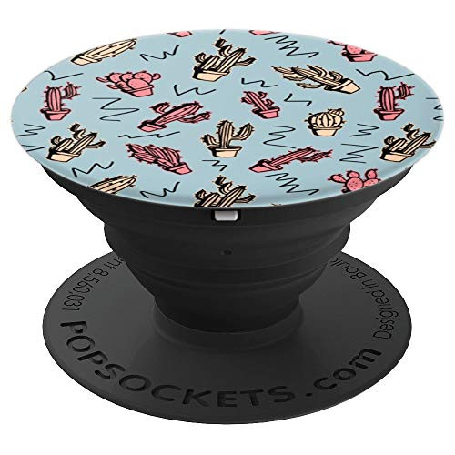 Pink Peach Cactus on Blue Background Trendy Design PopSockets Grip and Stand for Phones and Tablets