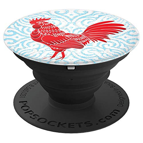 Farmhouse Design Rooster Red On Turquoise And White Swirls PopSockets Grip and Stand for Phones and Tablets