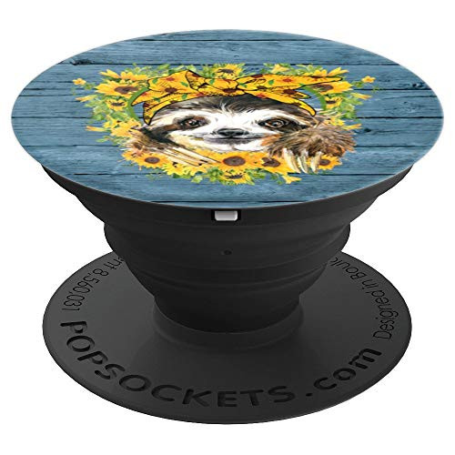 Sloth Sunflower Heart Blue Farmhouse Wood PopSockets Grip and Stand for Phones and Tablets
