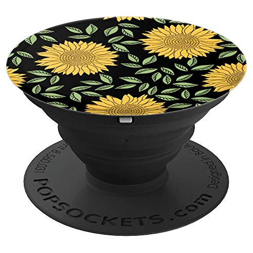 Sunflower Decor Yellow Sun Flower Black Background PopSockets Grip and Stand for Phones and Tablets