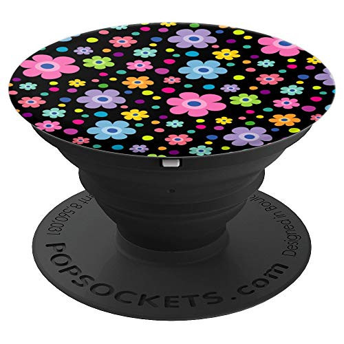 Pretty Pastel Colors Flower Pattern With Black Background PopSockets Grip and Stand for Phones and Tablets