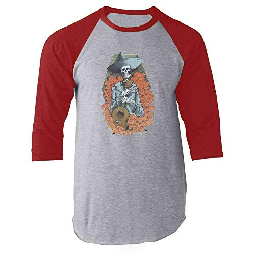 Mariachi Skeleton Horror Halloween Costume Red L Raglan Baseball Tee Shirt