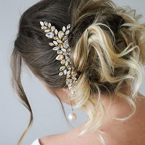 Unicra Bride Crystal Wedding Hair Comb Gold Bridal Side Comb Hair Piece Champagne Rhinestone Hair Accessorie Hair Jewelry for Women and Girls