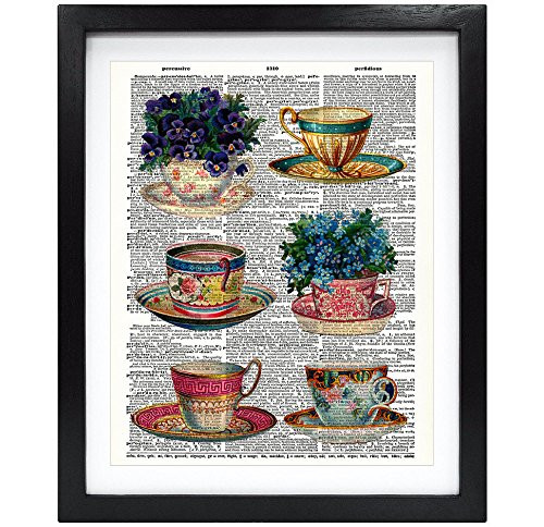 Susie Arts 8X10 Unframed Vintage Tea Cup With Flowers Upcycled Vintage Dictionary Art Print Book Art Print Home Decor Funny Prints Wall Art V096