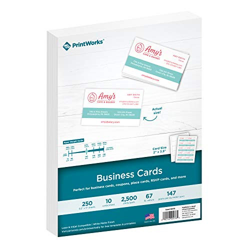 Printworks White Matte Business Cards 67lb 147gsm 10 Cards Per Sheet 250 Sheets 2500 Cards Per Pack Card Size 2 x 3 ½ For Inkjet or Laser Printers or Copiers  00476