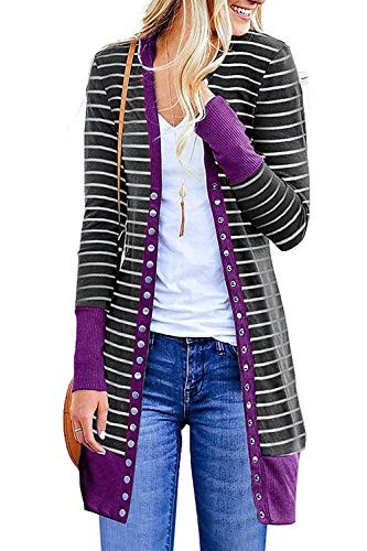Yknktstc Womens V Neck Button Down Knitwear Long Sleeve Soft Basic Knit Cardigan Sweater Small Stripe Purple
