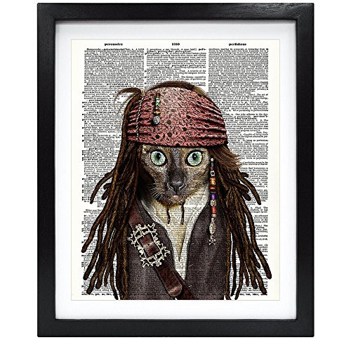 Susie Arts 8X10 Unframed Cat Sparrow Swashbuckling PIRATE KITTY Upcycled Dictionary Art Print Book Art Print Home Decor Funny Art Print V146