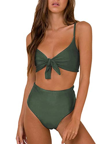 Blooming Jelly Womens High Waisted Bikini Set Two Piece Swimsuits High Rise Tie Knot Bathing Suit Medium Green