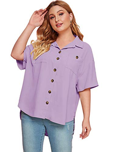 Romwe Women s Plus Size Casual Short Sleeve Button Down High Low Lapel Blouse Shirts Tops Purple 3 Plus