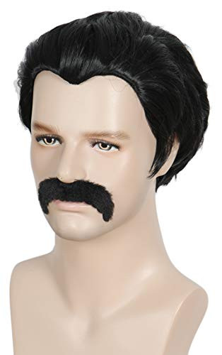 Linfairy Short 80 s Costumes Men s Disco Dirt Bag Wig   Moustache Halloween Cosplay Costume Black Wig
