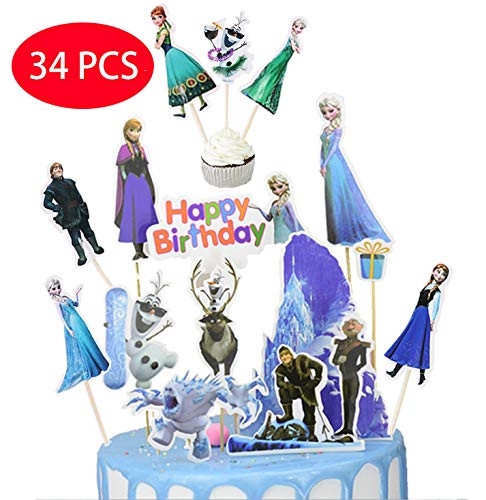 34PCS Frozener Birthday Cake Topper and Cupcake Toppers   10pcs cake toppers Happy Birthday Party Supplies Cake Topper and 24 pcs Cupcake Toppers 