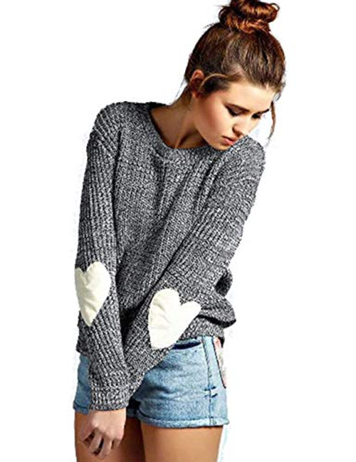 shermie Crew Neck Womens Sweaters Cute Heart Pattern Elbow Patchwork Long Sleeve Knit Sweater Pullover Thin Grey L