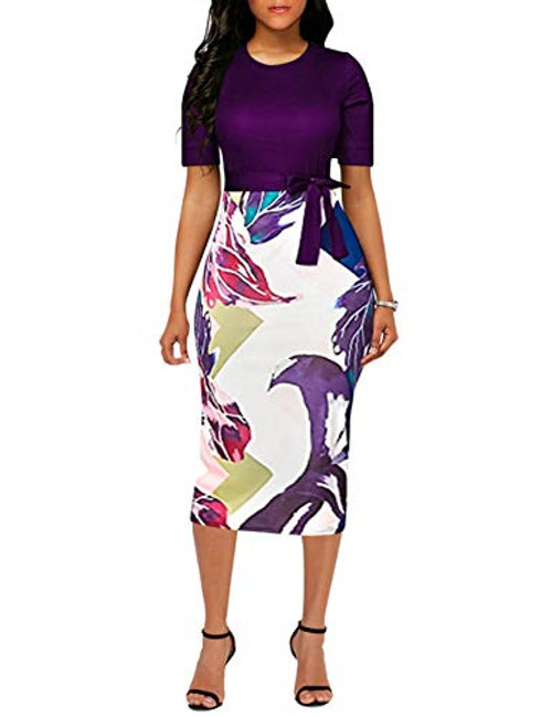 Women s Bodycon Business Pencil Dress Party Knee Length Dress Ladies Colorblock Dress  Purple 2XL