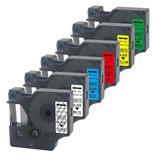 6 Pack Replacement for DYMO D1 Label Tape 45013 45010 45016 45017 45018 45019 D1 Refills 1 2 Inch x 23 Feet  12mm x 7m  for DYMO LabelManager 160 280 210D PnP 360D