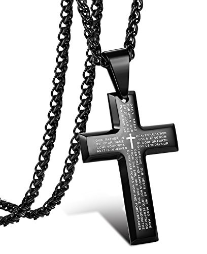 Jstyle Stainless Steel Black Cross Pendant Necklace for Men Lord s Prayer Necklace Heavy Wheat Chain 22 24 30 Inch