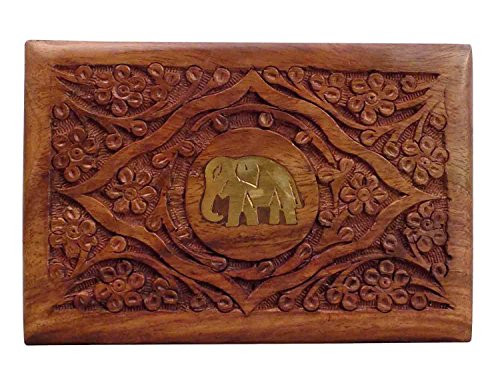 Khandekar (with device of K) Wooden Handmade Jewelry Box, Center Elephant Inlay & Carving, Keepsake Box, Storage Box, Women's Jewelry Organizer Box, 7 X 5 Inch