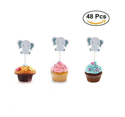 Maydolbone 48pcs Elephant Baby Cupcake Toppers - for jungle themed birthday or baby shower Food Picks Decor And Cupcake Party Pick