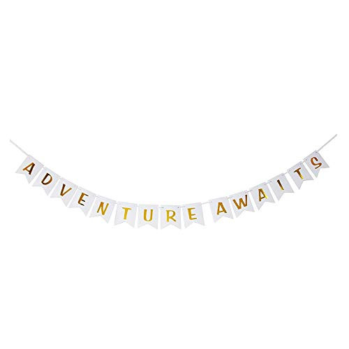 White and Gold Adventure Awaits Banner   Graduation Retirement Bon Voyage Baby Shower Moving Party Travel Theme Party Decorations