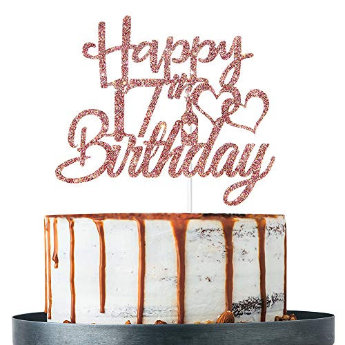 Rose Gold Glitter Happy 17th Birthday Cake Topper 17th Birthday Decoration Supplies Seventeen Years Old Cake Topper