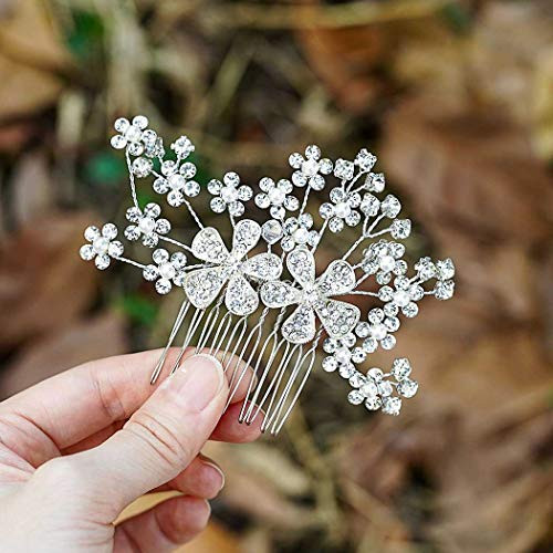 Aukmla Bride Wedding Hair Combs Silver Rhinestones Hair Piece Flower Hair Accessories Pearls Hair Jewelry for Women and Girls