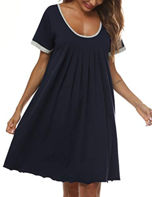 Alletya Ladies Night Gown Dresses Round Neck Sleepwear Shirts Blue Sleep Dress Short Sleeve Nightwear Cotton Gowns for Womens Nightgown Navy BlueL