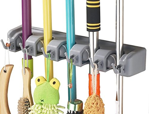 Hulless Mop and Broom Holder,Wall Mounted Orgnizer-Mop and broom Storage Tool Rack with 5 Ball Slots and 6 Hooks.