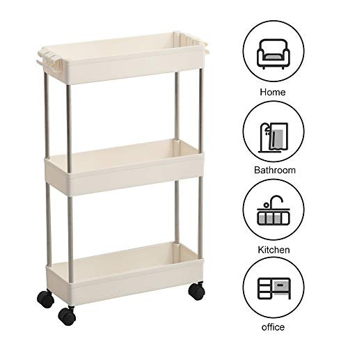 ArderLive 3 Tier Slim Storage Cart?Storage Racks with Wheels Rolling Storage Cart Mobile Shelving Unit Organizer Slide Out for BedroomsKitchenNarrow Places WhiteSlim