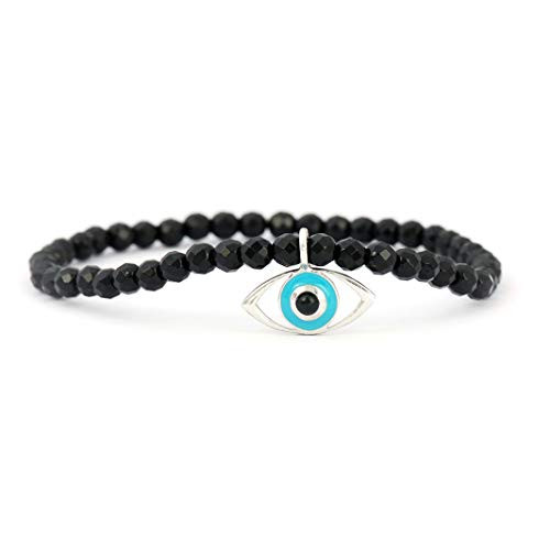 Sterling Silver Evil Eye Charm Bracelet with Black Onyx Beads