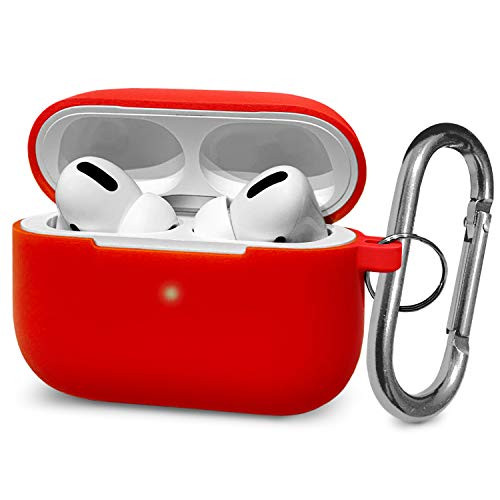 AirPods Pro Compatible Case Protective Silicone Case with Keychain Clip Scratch Proof Ultra Thin Visible Front LED Light Wireless Charging Compatible  Red