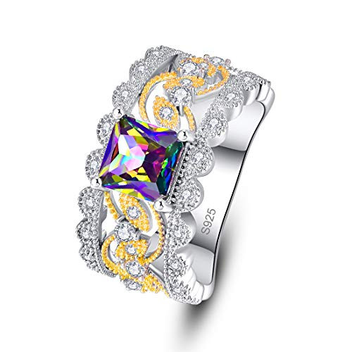 PAKULA 925 Sterling Silver Women Simulated Mystic Rainbow Topaz Floral Band Ring Size 9