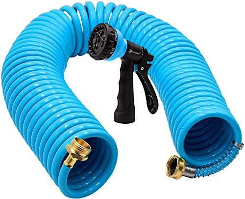 AUTOMAN Garden Water Hose Recoil50 Feet EVA Curly Water Hose with Brass ConnectorsWatering Hose CoilIncludes 7 Pattern Function SprayerRetractableCorrosion Resistant Garden Coil HoseBlue