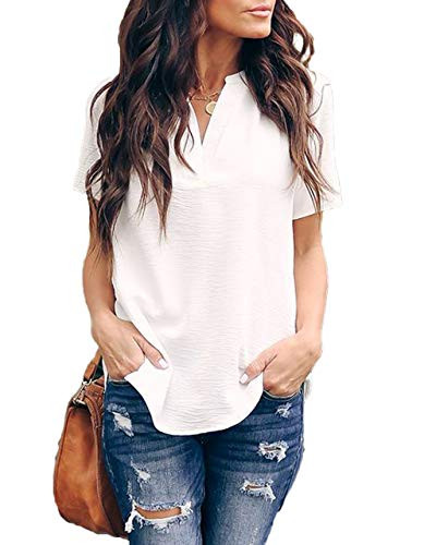 Allimy Women Summer V Neck Short Sleeve Tunic Chiffon Silk Blouses and Tops Plus Size Medium White