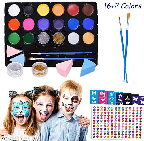 Face Paint Kit for Kids 16 Large Water Based Paints2 Glitters 2 Brushes Halloween Makeup Kits Professional Face Paint Palette Face Paints Safe for Sensitive Skin Face Paint Kit for Kids 16 Large Water Based Paints2 Glitters 2 Brushes Halloween Makeup Kits Professional Face Paint Palette Face Paints Safe for Sensitive Skin