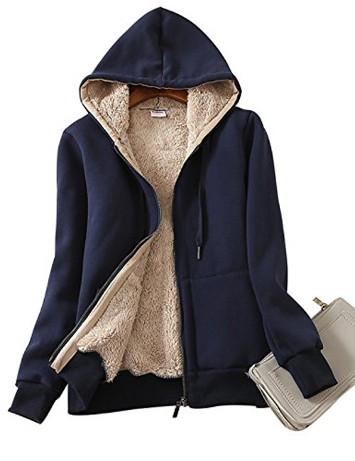 Yeokou Women s Casual Winter Warm Sherpa Lined Zip Up Hooded Sweatshirt Jacket Coat  XX Large Dark Blue