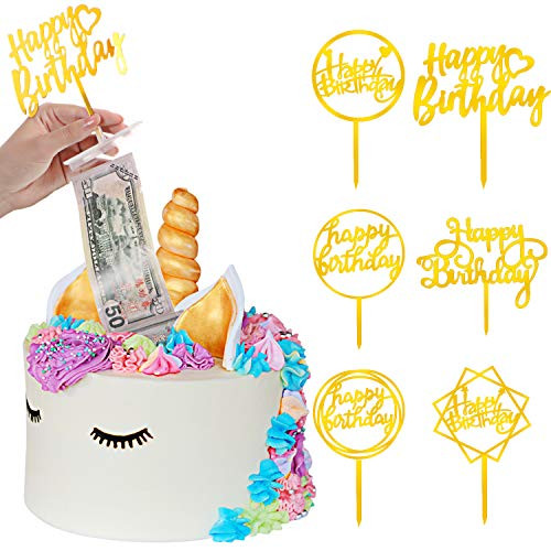 107 Pieces Cake Money Box Kit Pulling Money Box Cake Topper Money Box Kit with 6 Pieces Happy Birthday Cake Topper and 100 Pieces Transparent Bag Connected Pockets for Cake Decoration Party Supplies