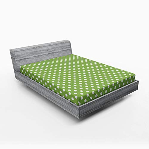Lunarable Polka Dot Fitted Sheet Abstract Green Background with Long Established Polka Drop Pattern Soft Decorative Fabric Bedding All Round Elastic Pocket Queen Size Pistachio Green
