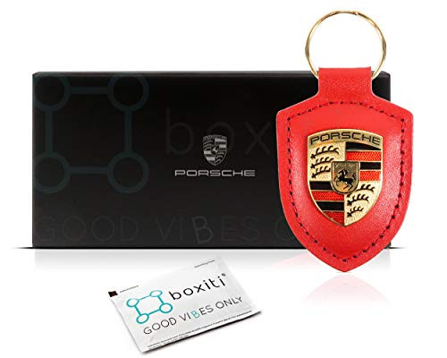 Genuine Key Chain Ring for Porsche Vehicle Keys  82mm x 43mm  Porsche Crest Keyfob with Fine Red Leather Fob for Porsche Owners