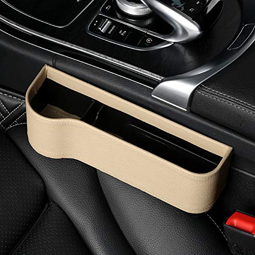 FAROOT Car Seat Storage Box PU Leather Seat Console Organizer Pocket Between Seat Car Seat Gap Filler Catch Caddy Side Organizer with Cup Holder for Automotive  Beige Driver