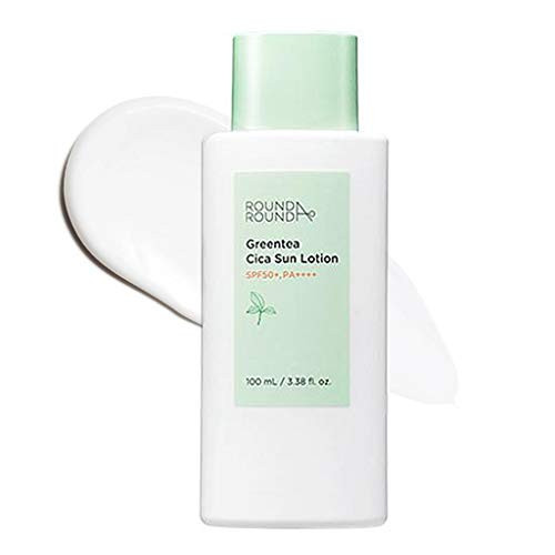 ROUND AROUND  Green Tea Cica Sun Lotion 100ml   Green Tea   Water Mint Contained Soothing and Cooling Mild UV Protection Sunscreen Essence Moisturizing Face   Body Sun Care