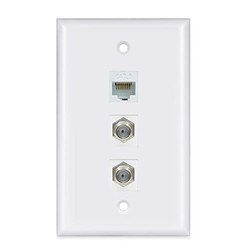 2 Coax 1 Ethernet Wall Plate - ESYLink 2 Port Coax Cable TV F-Type and 1 Port Ethernet Cat6 Wall Plate - White
