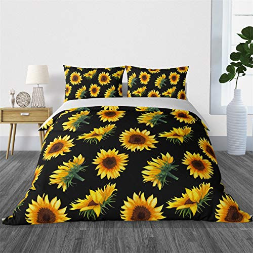 SHINICHISTAR Yellow Sunflower Duvet Cover Set Black Background Decorative 3 Piece Bedding Set with 2 Pillows sham Queen Size