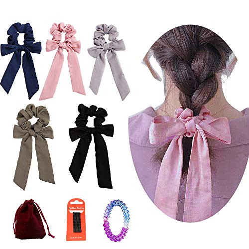 DINPREY Chiffon Hair Scrunchies Bow Hair ScrunchiesSolid Colors Scrunchy Hair Rope TiesBow Elastics Hair BandsBowknot Ribbon Ponytail Vintage Hair Accessories for Women and Girls 5 Colors Pack A DINPREY Chiffon Hair Scrunchies Bow Hair ScrunchiesSolid Colors Scrunchy Hair Rope TiesBow Elastics Hair BandsBowknot Ribbon Ponytail Vintage Hair Accessories for Women and Girls 5 Colors Pack A