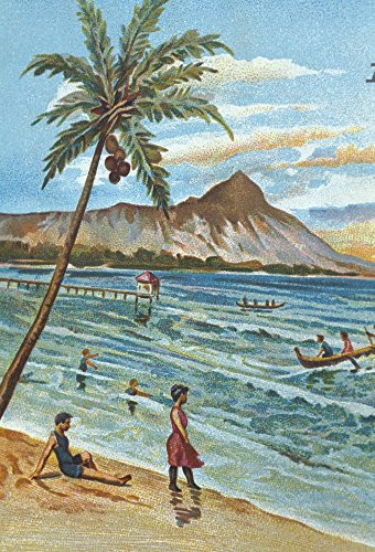 Posterazzi C1905 Hawaii Oahu Waikiki Outrigger Canoes Surfing With People Watching Diamond Head Background Postcard Poster Print  11 x 17