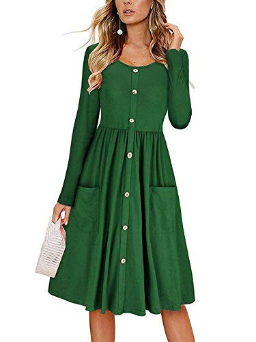 MISSLOOK Womens Long Sleeve Dress Round Neck Swing Midi Causal Dress Button Down Dress with Pockets   Green 1 XL