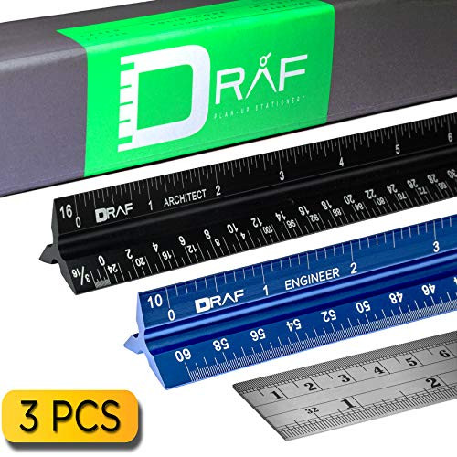 12 Inch Architectural and Engineering Scale Ruler Set  Imperial    Laser Etched Aluminum Triangular Drafting Tool   for Architect and Civil Engineer Blueprints   Standard Metal Ruler Included
