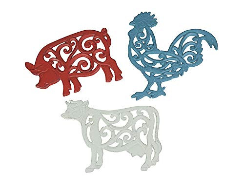 Set of 3 Cast Iron Farm Animal Kitchen Trivets Decorative Wall Hanging Art Rooster Cow Pig