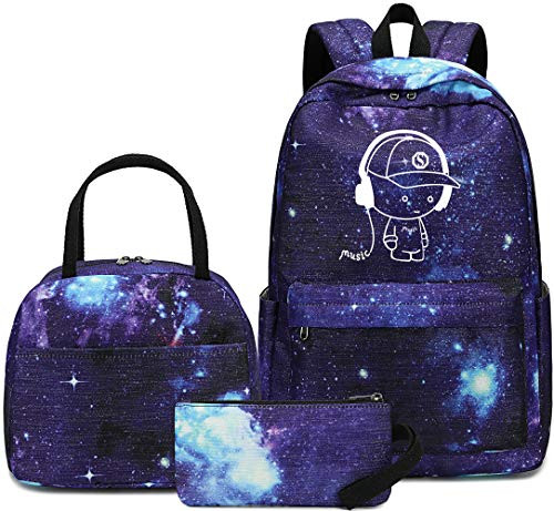 School Backpack Galaxy Teens Boys Kids luminous School Bags Bookbag with Lunch Tote and Pencil Case  E0076 Blue