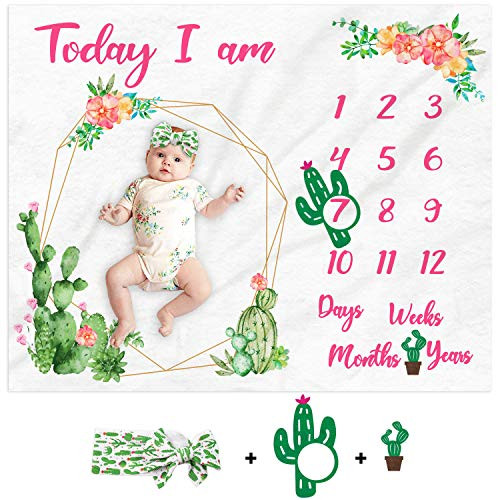 Cactus Baby Photography Blanket Watercolor Newborn Baby Milestone Blanket Baby Girl Monthly Blanket Age Photo Props Soft Fleece Blanket Milestone Newborn Gift Idea Photography Backdrop