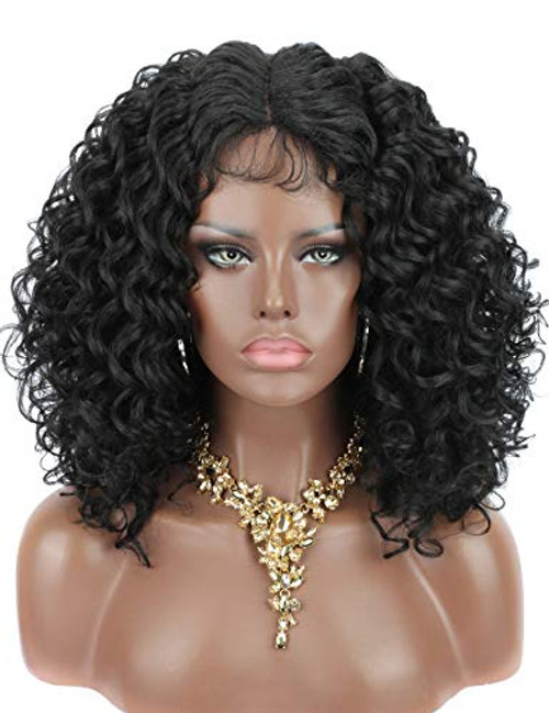Kalyss 8  Hand Made Black Deep Braid Out Curly Synthetic Short Afro Kinky Curly Lace Wigs for Black Women Bouncy and Full Curls 150  Density Deep Lace Middle Parting Fluffy Lace Braid Out Hair Wigs