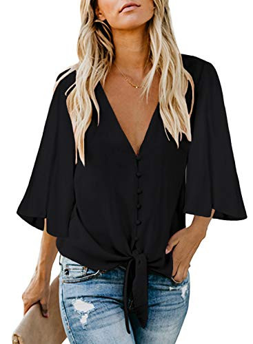 Ecrocoo Loose Fitting Tops for Women Short Sleeve Shirts Casual Fashion Summer T Shirt Tie Knot Front Lady Button Down Shirt Black S